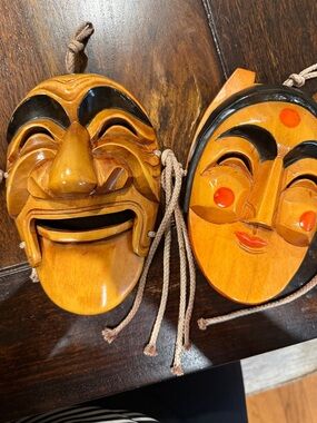 Hand-Carved Wooden Korean Hahoe Masks - Honey Brown with Black Accents
